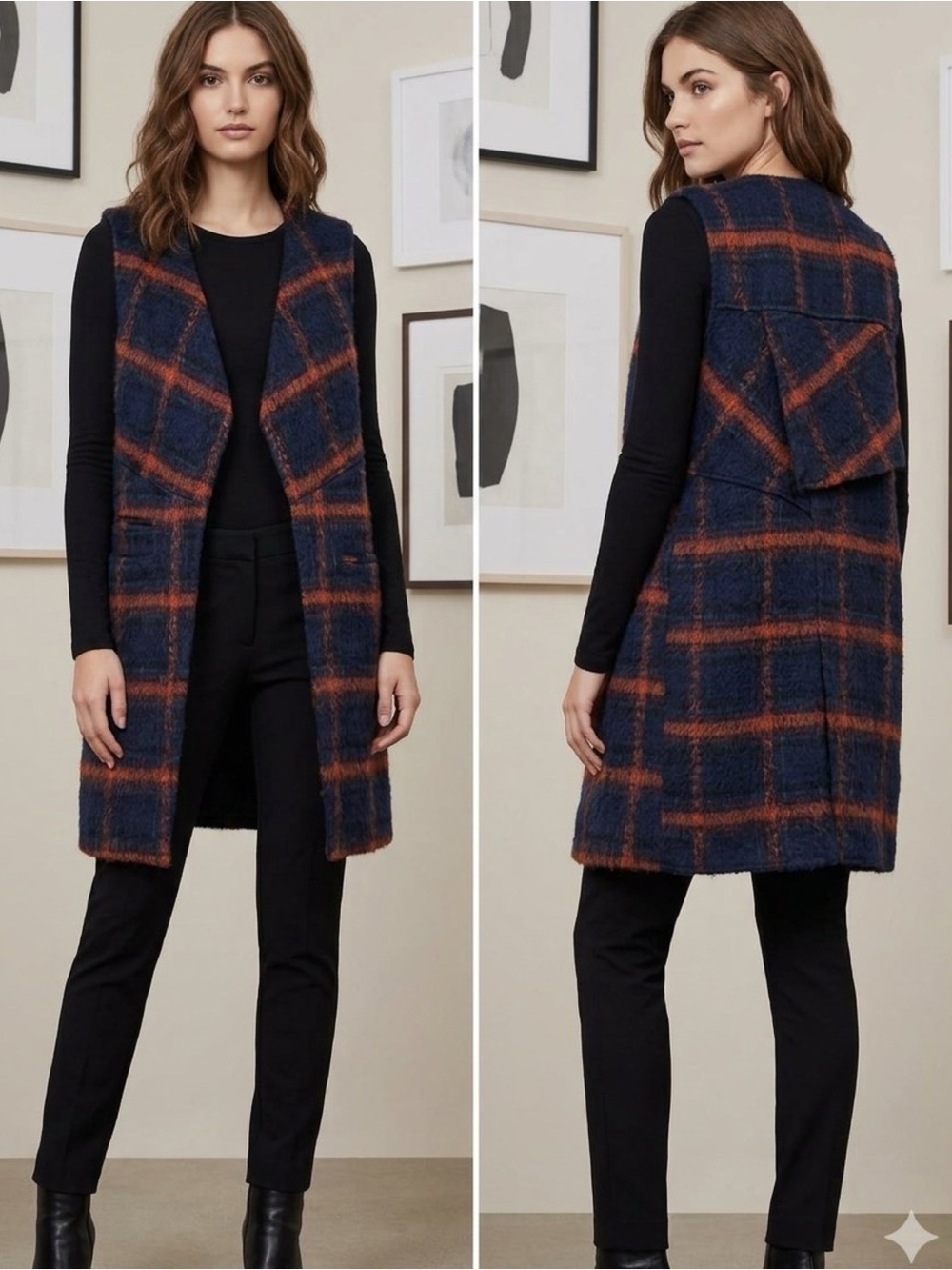 BCBGeneration Navy Orange Tartan Plaid Longline Duster Vest Lagenlook Cardigan L